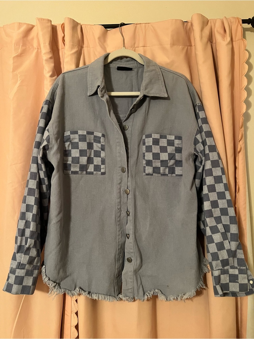 Vici Oversized Denim Button-Up Shacket with Checkerboard Pockets & Sleeves